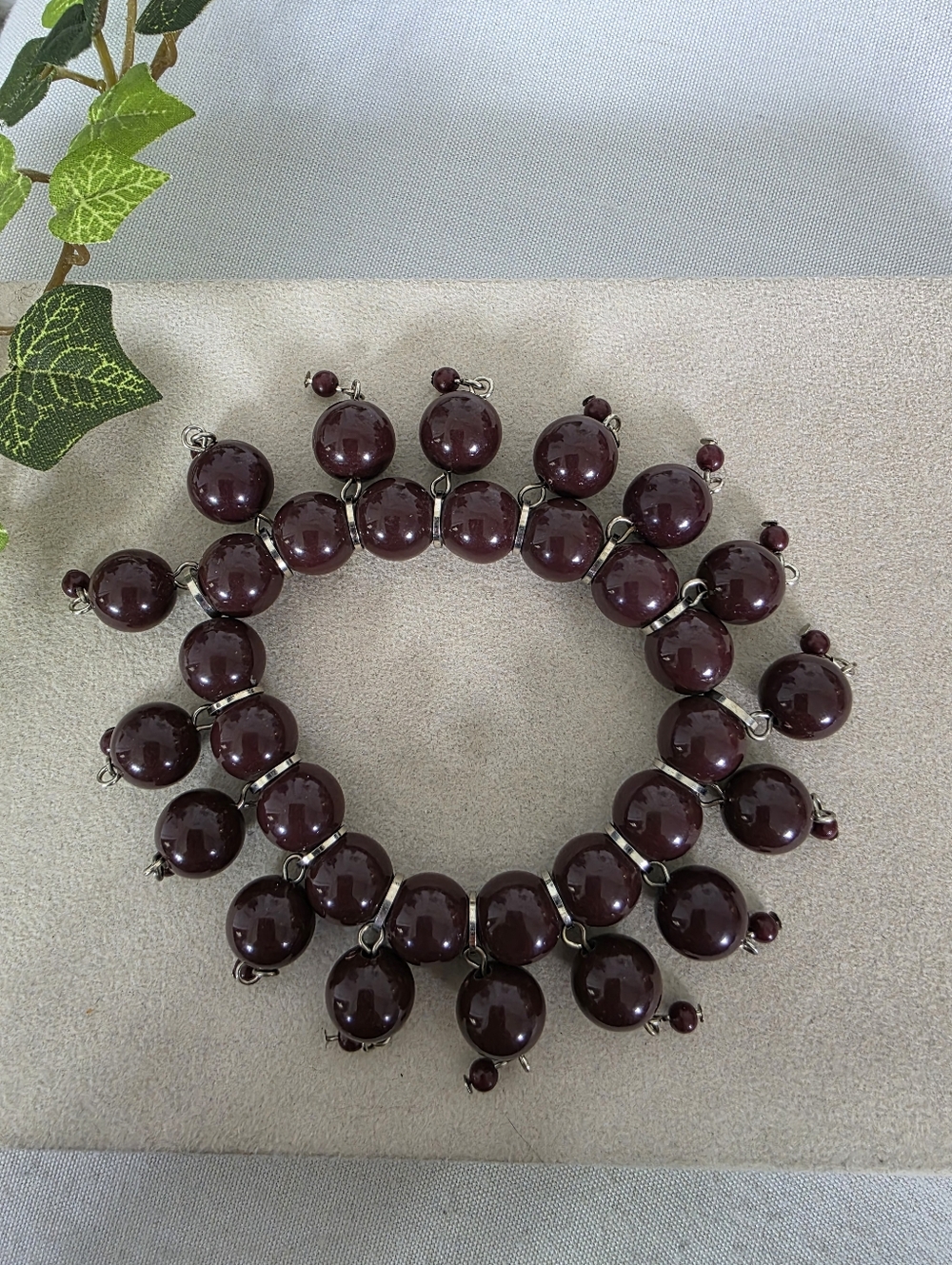 Brown Burgundy Resin Bead Stretch Bracelet Silver Fringe Dangle Statement